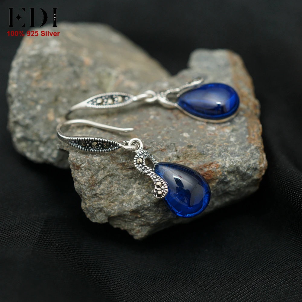 EDI падения стерлингового серебра 925 серьги для женщин синий сапфир шпинель