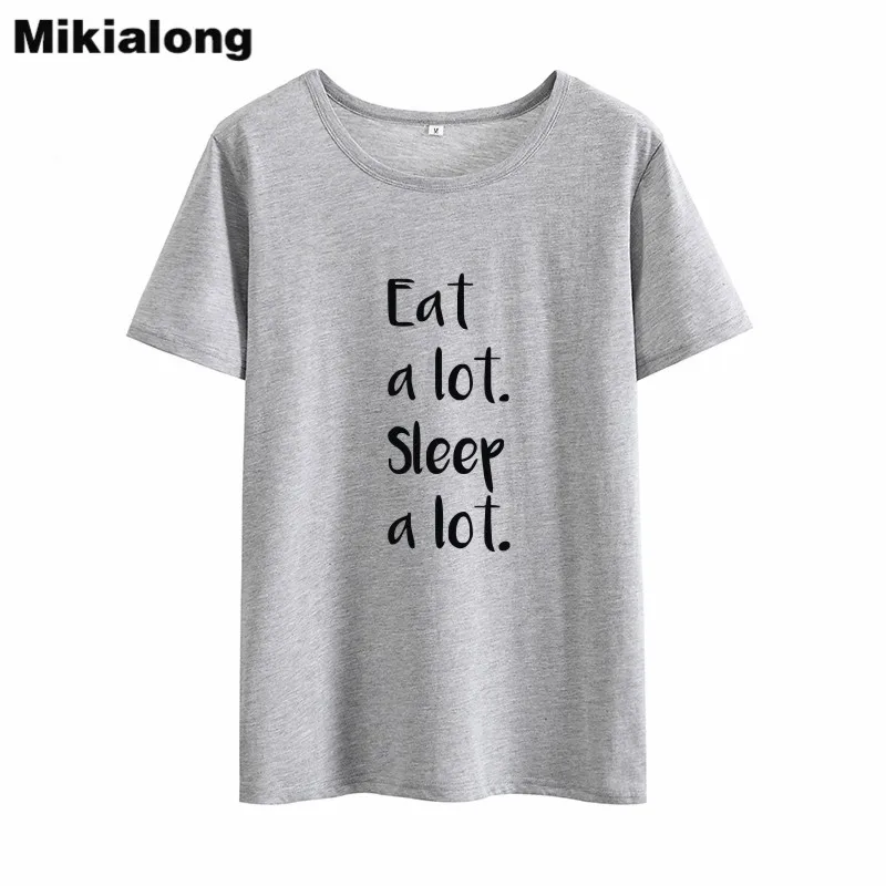 Mikialong Eat A Lot Sleep забавная футболка для женщин 2018 черно-белая женская с коротким