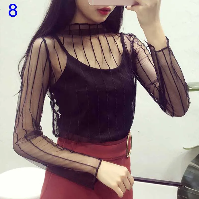 

Sexy Women Blouse See Through Transparent Mesh Long Sleeve Sheer Blouses Shirt Tops Tee ED-shipping