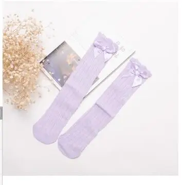 purple bow front Новые хлопковые носки для девочек детские гетры, теплые прямые Гольфы с объемным рисунком медведя, гольфы до колена для маленьких девочек, колготы - Цвет: purple bow front
