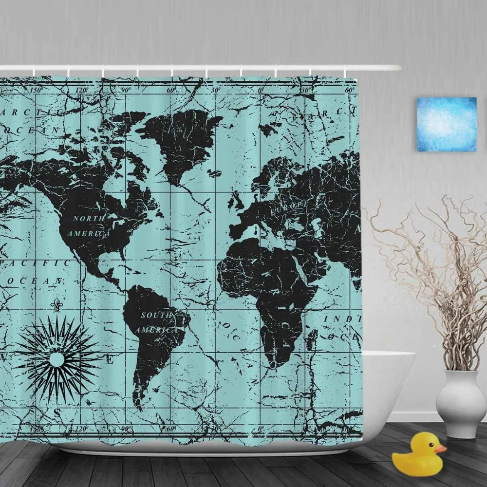 Винтажные занавески для душа с картой слов декор рисунком путешественника синие