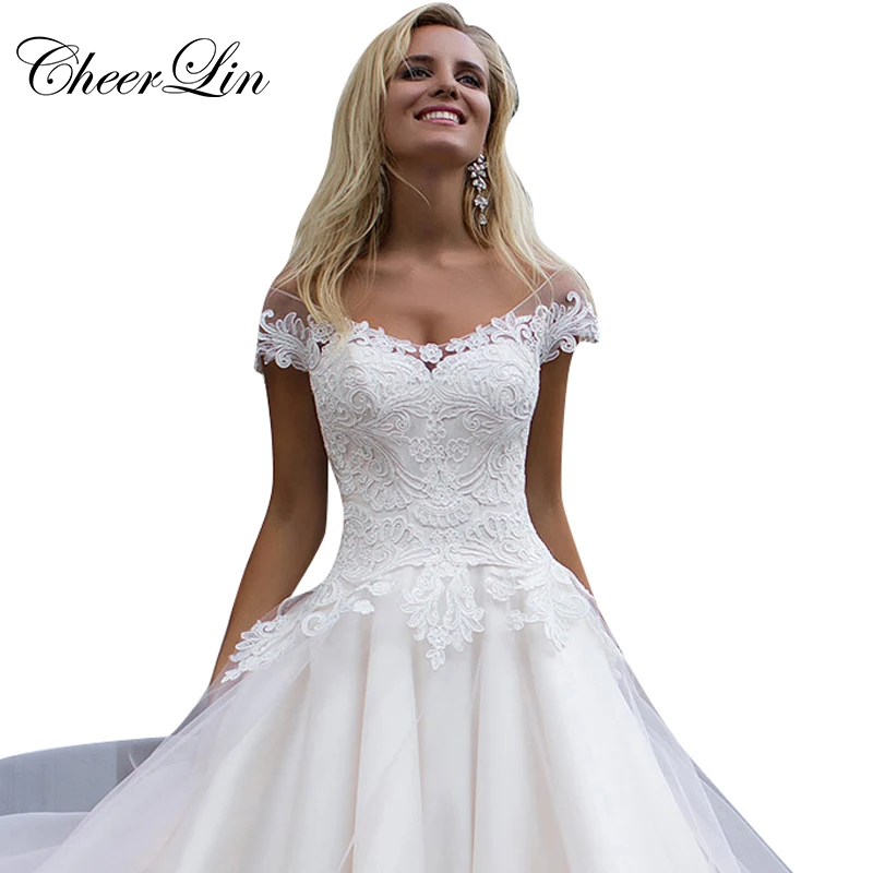 Cheerlin Лодка Шеи Свадебные Платья Тюль Крышку Атласа Кружева Аппликации