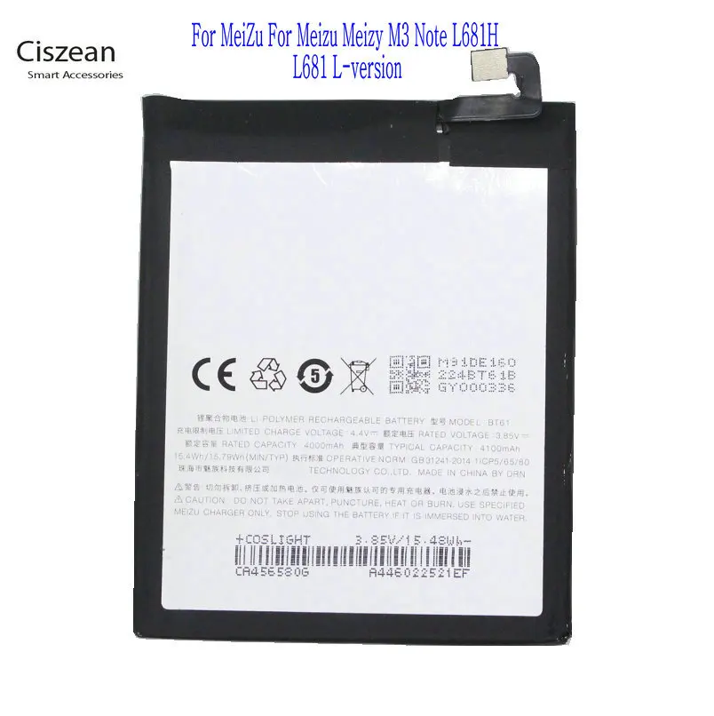 Сменный аккумулятор Ciszean 1x4050 мАч BT61 ( L edition) для Meizu M3 Note L681H L681 version L|Аккумуляторы