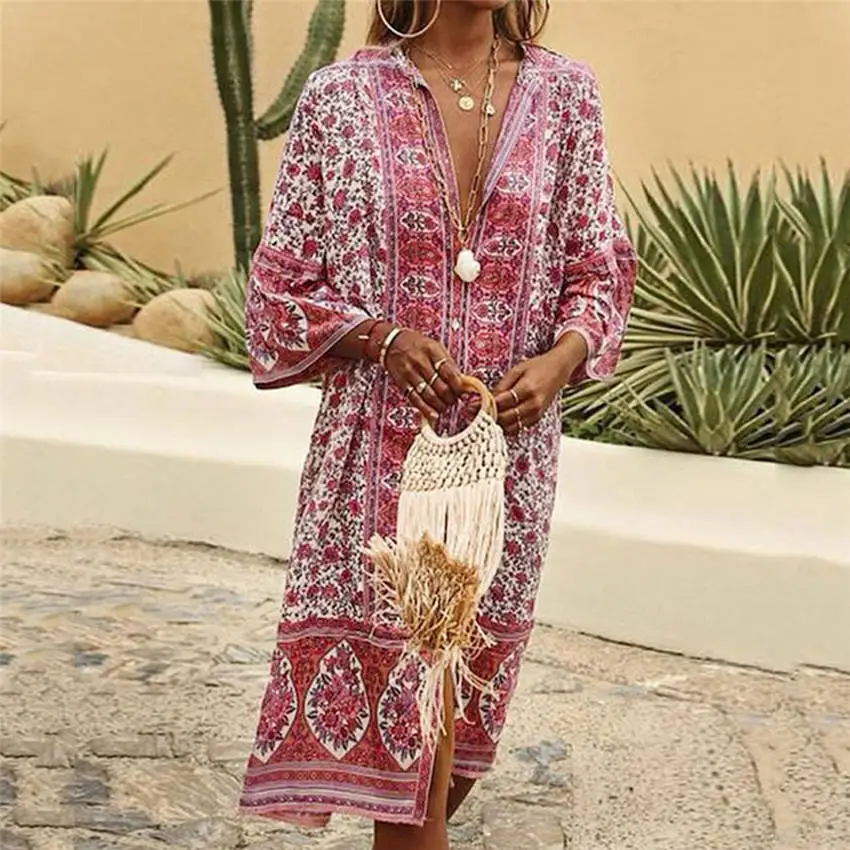 Женское платье с v образным вырезом и пуговицами в стиле бохо свободное цветочным