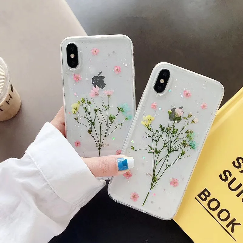 

Tfshining Dried Real Flower Case For iPhone 11 X XS Max XR 6 6S 7 8 Plus X 11Pro Max SE 2 Case Handmade Glitter Clear Back Cover
