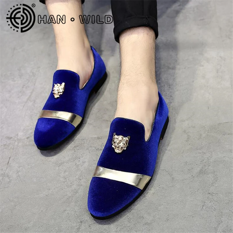 Лоферы мужские ручной работы бархатные туфли с тигровой золотой пряжкой