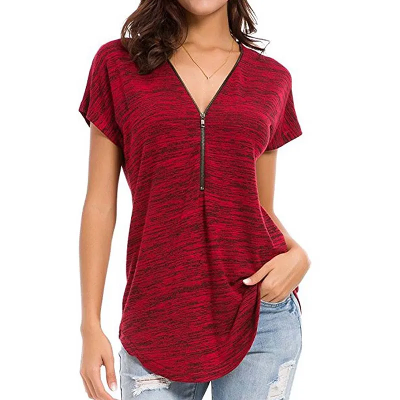 Женская футболка летняя большого размера Базовая рубашка на молнии одноцветная