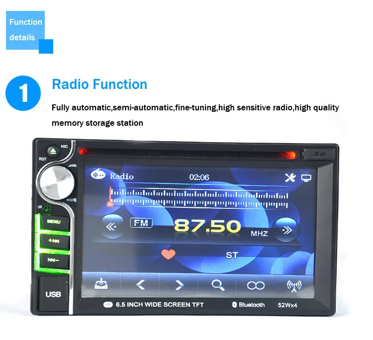Поддержка тыловой камеры вход 2 DIN 6,5 дюймов Bluetooth hands free 5 томится видео сенсорный экран Автомагнитола стерео MP4 плеер