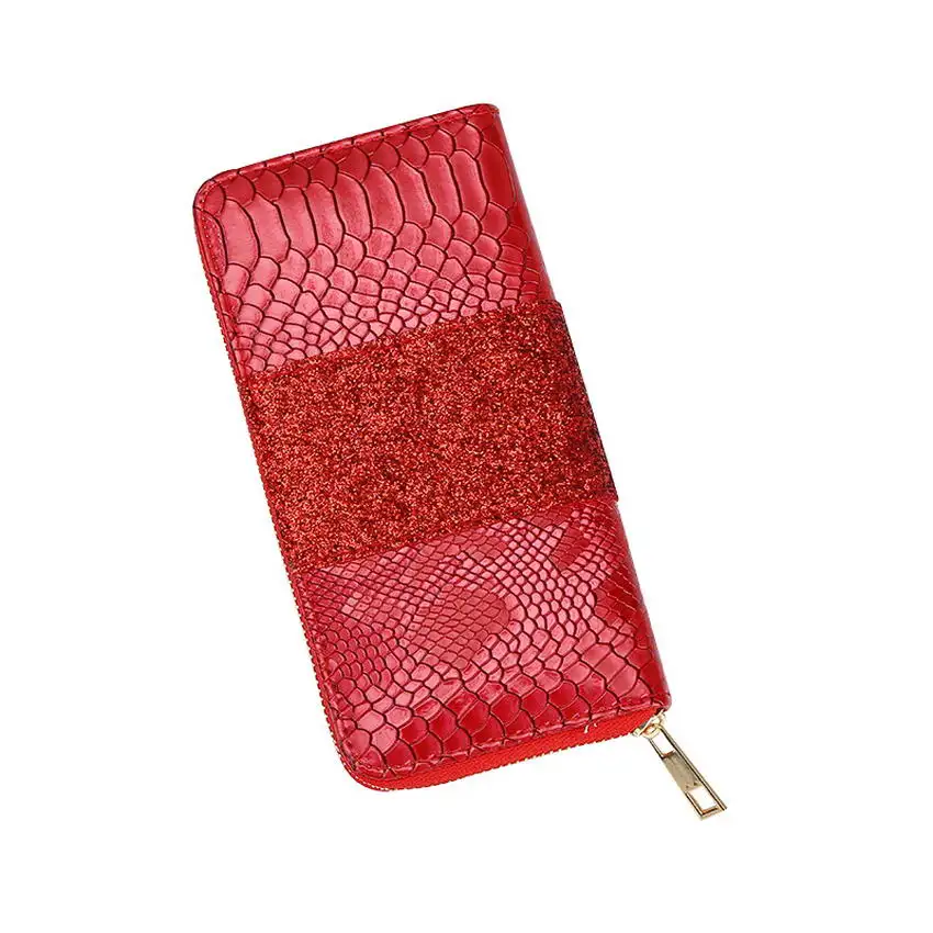 Red KANDRA, из искусственной кожи, тисненый КРОК, лоскутные блестки в виде пайеток, кошелек, золото, серебро, женские длинные кошельки, держатель для карт - Цвет: Red