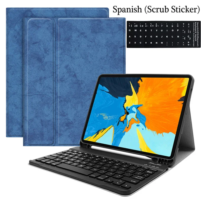 Чехол для iPad Pro 11, Bluetooth клавиатура с держателем для карандашей, чехол из искусственной кожи для iPad Pro 11, клавиатура для русской и испанской клавиатуры - Цвет: BLue-SP