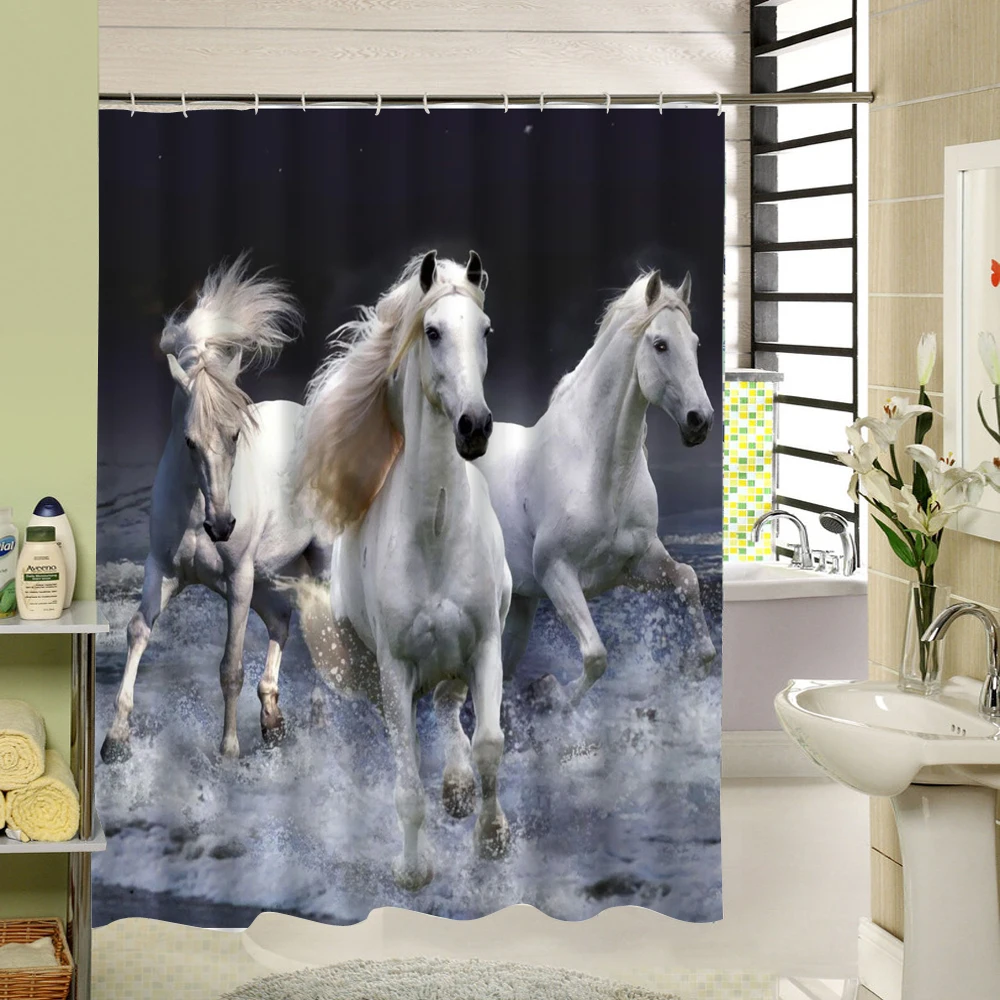 Horse Shower Curtain White Brown Polyester Fabric Bathroom Waterproof Designer Art 3d Printing | Дом и сад