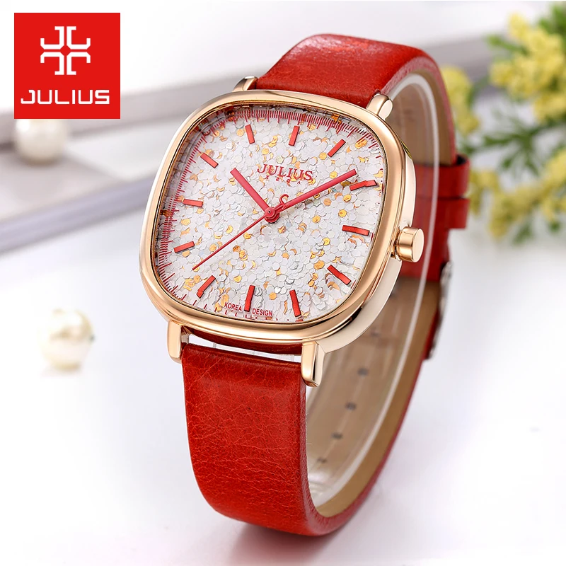 Часы Top Julius женские кварцевые с блестками модные часы кожаным браслетом подарок
