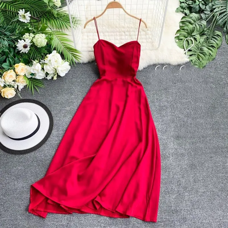Women Sexy Sleeveless Spaghetti Strap Midi Dress Casual V Neck Back Cross Strap High Waist Beach Dress Elegant Party Dress