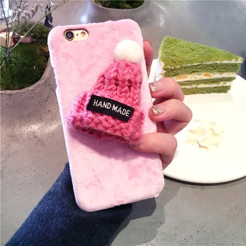 Lovely Plush Hat Warm Fur Ball Knitted Christmas Cap Hard Phone Case For iPhone11 Pro 6 6s 7 8 Plus X XR XS MAX Cute fuzzy cover |