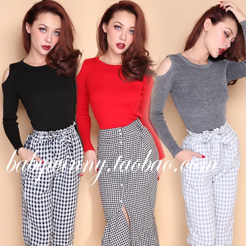 

FREE SHIPPING 2016 Autumn New Arrival Slim Fit Sexy Long Sleeve Strapless Tight O Neck Solid Screw Thread Knitted Sweater Women