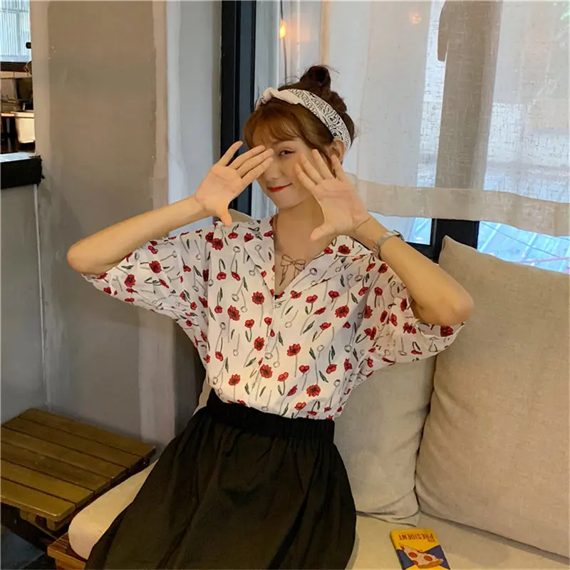 Alien Kitty 2019 Cute Summer Fresh Simple Print Floral Loose Korea Notched All-Match Sweet Casual Three Quarter Sleeves Shirt |