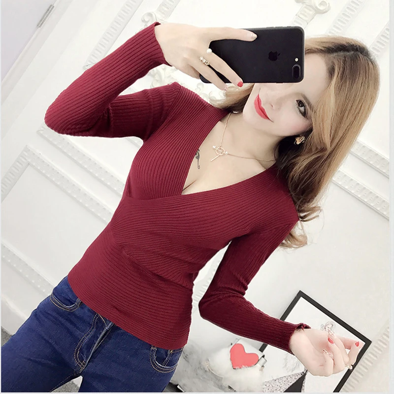 Blusas De Inverno Feminina 2020 Winter Slim Long Sleeve Knitted Sweater Sexy V-Neck Women Sweaters Fashion Pullover Pull Femme |