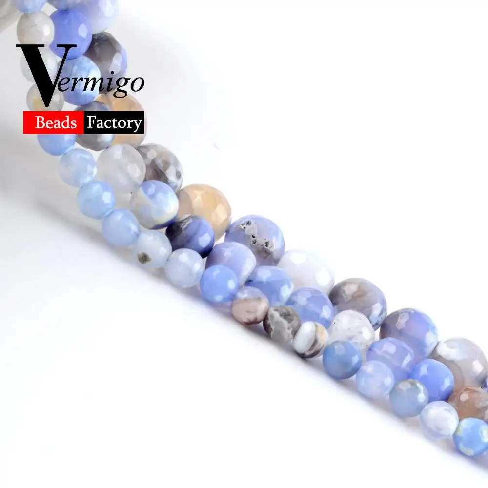 Граненые сине белые огненные Агаты круглые бусины из натурального камня