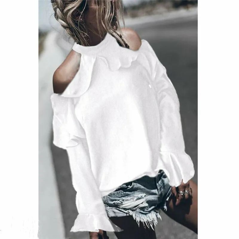 Женский топ с длинным рукавом однотонный пикантный открытыми плечами и высоким