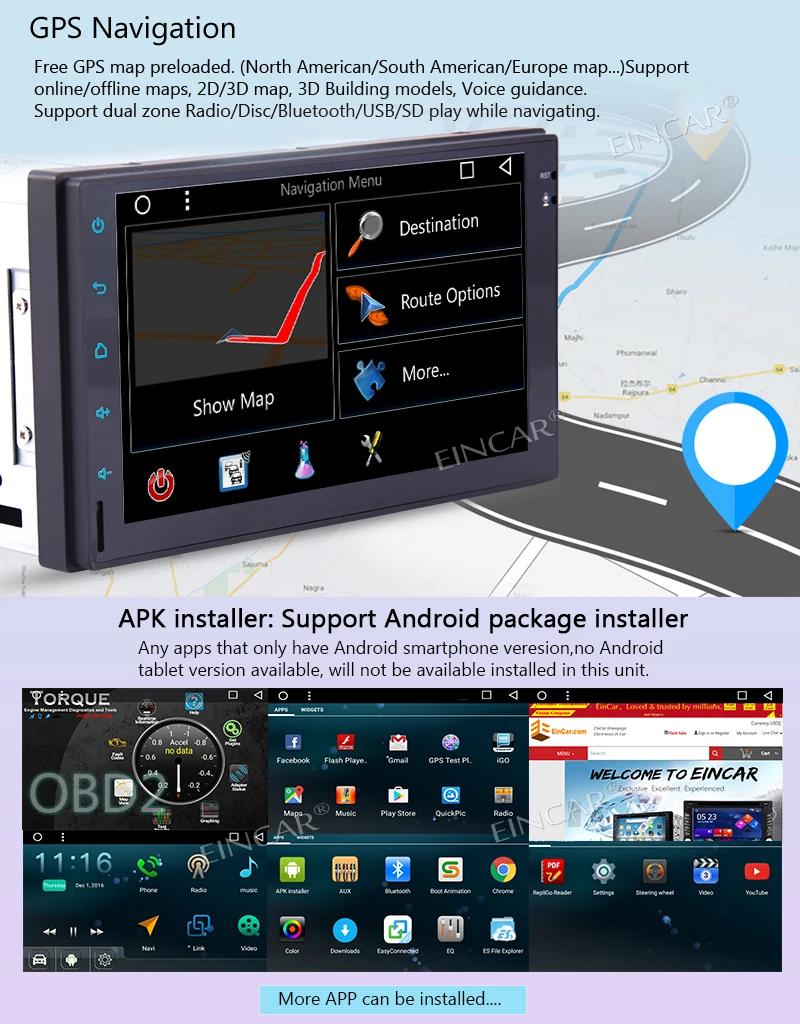 Двойной Дин стерео Android 7 1 4 ядра ''автомобильный gps навигации Bluetooth AM/FM радио OBD2