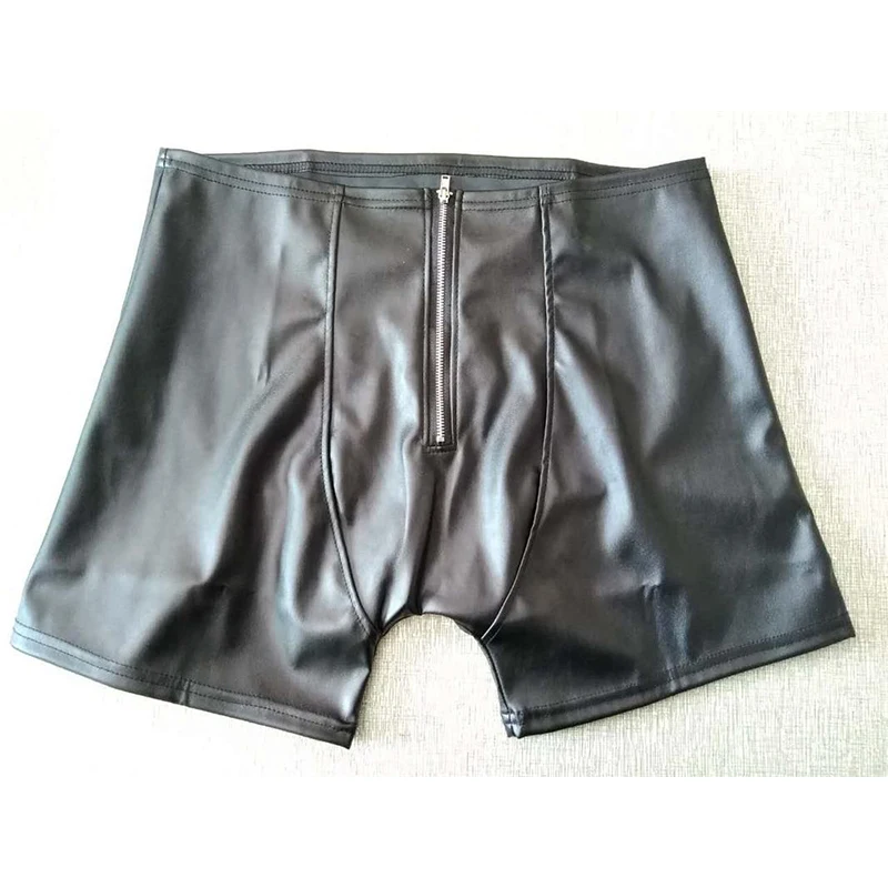 Мужские кожаные шорты боксеры с открытой промежностью|Мужские трусы боксеры| |