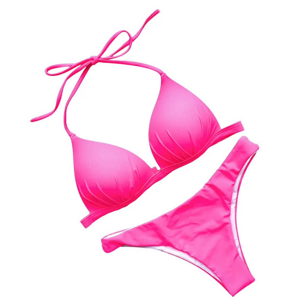 Hot Pink Женское бикини, сексуальное, с подкладкой, Пляжное, пуш-ап, одежда для плавания, бикини-бандаж, купальный костюм, вечерние, Feminino,, защита от солнца, размера плюс, 19Jun21 - Цвет: Hot Pink