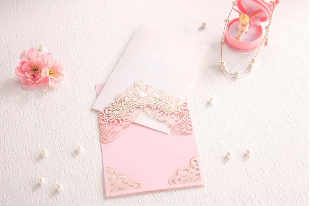 Pink Laser Cut Bronzing Crown Wedding Party Invitation Cards Customized Marriage Engagement Invitations 100PCS Express Shipping | Дом и сад