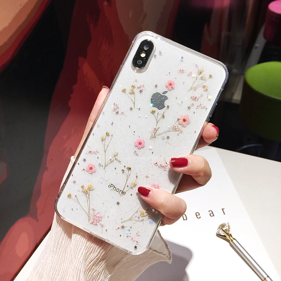 Живые цветы сушат прозрачный силиконовый чехол для iphone X 6 S 7 8 плюс Чехол телефона