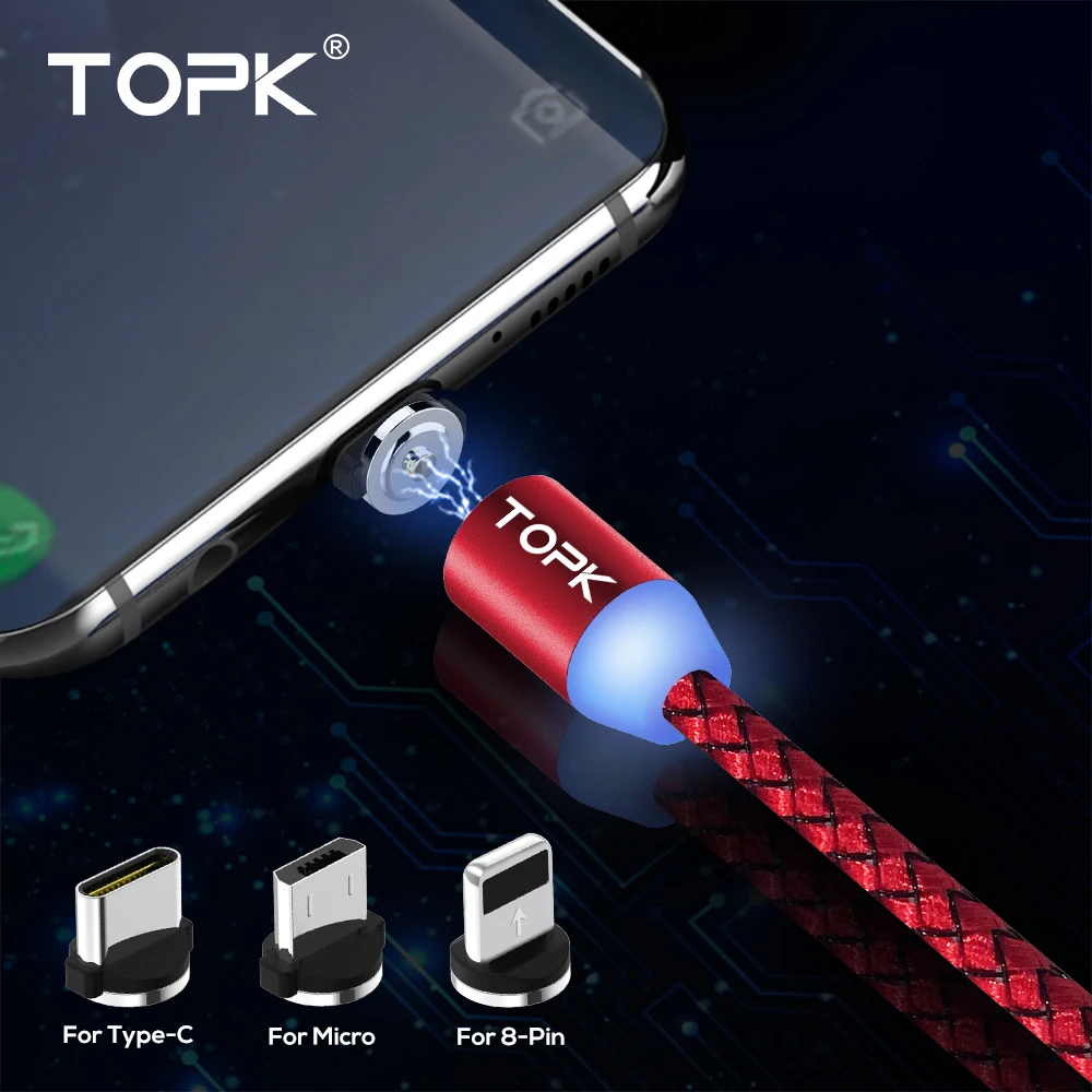 TOPK RLine1 светодиодный магнитный usb-кабель, 1 м и 2 м Магнитный USB type-C кабель и Micro usb кабель и USB кабель для iPhone X 8 7 6 Plus