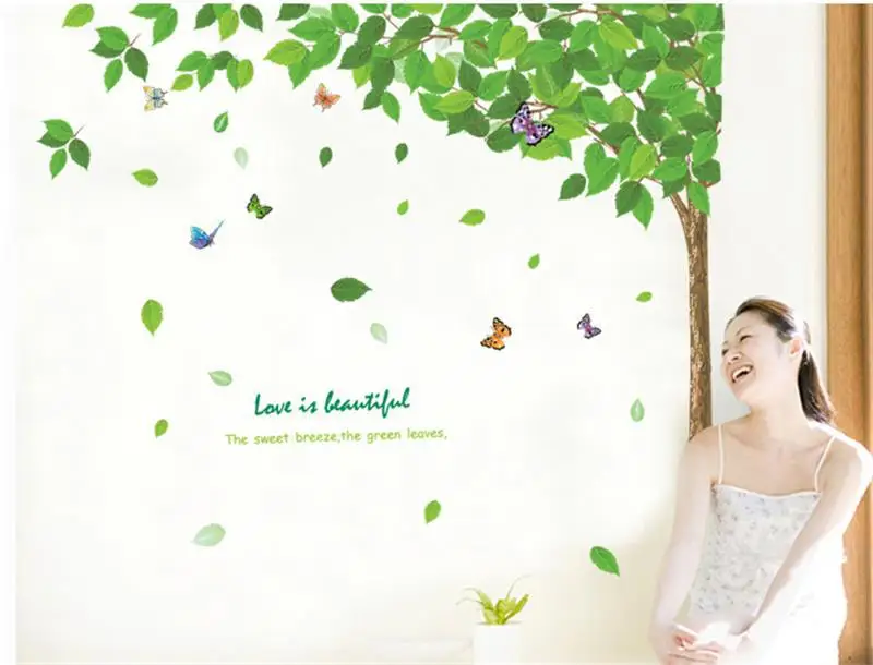 % Зеленые листья искусство большое дерево бабочка наклейки на стену домашний