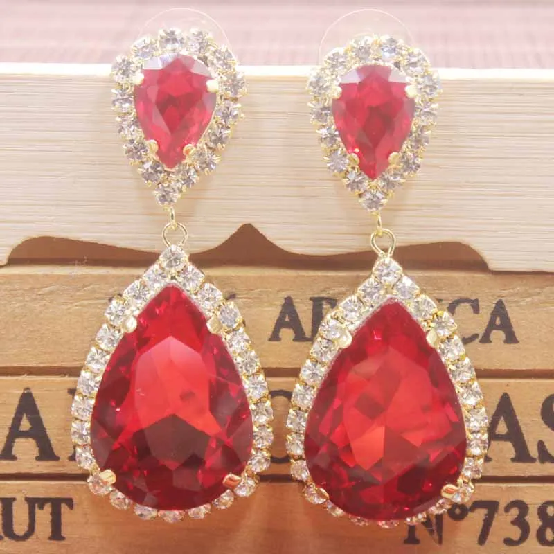 Модные розово красные Висячие серьги Стразы в форме капли женские с кристаллами