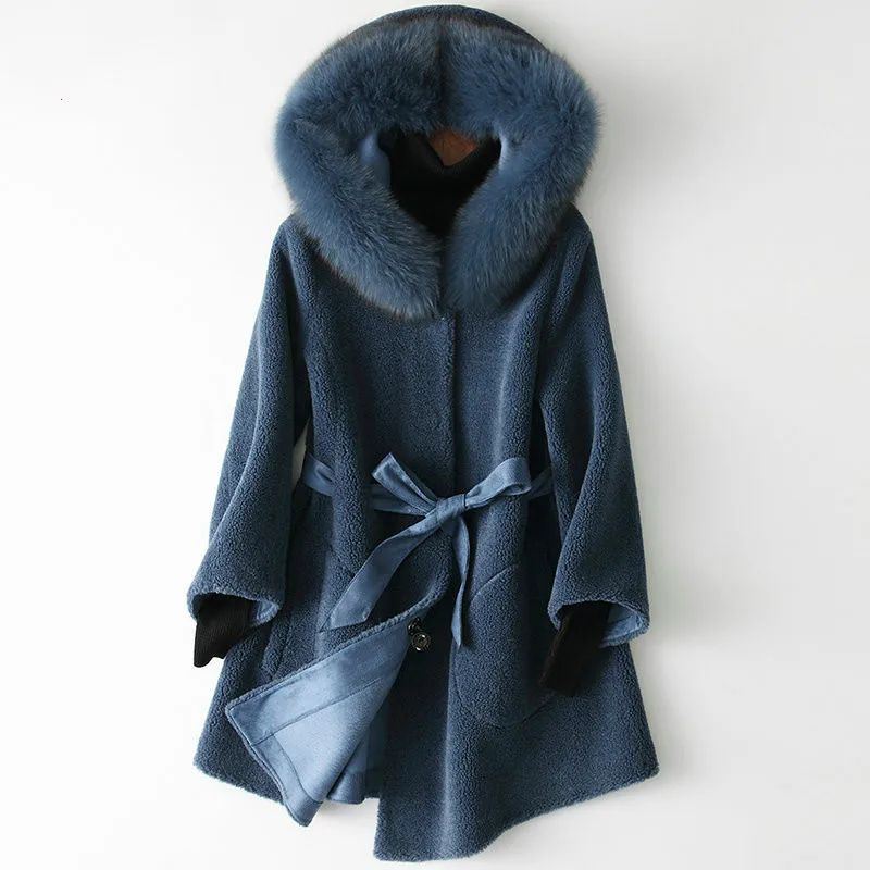 blue Пальто из натурального меха, Воротник из лисьего меха, шерстяная куртка, осенне-зимнее пальто, женская одежда,, Корейская элегантная верхняя одежда, замшевая подкладка, HQ19-ZZH18340C - Цвет: blue
