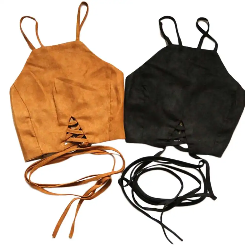 Топы на молнии из искусственной кожи замши Camisole тонкое сексуальное платье Бандажное Без Рукавов укороченный кружевной женский клубный жилет с ремешками Camis Tank