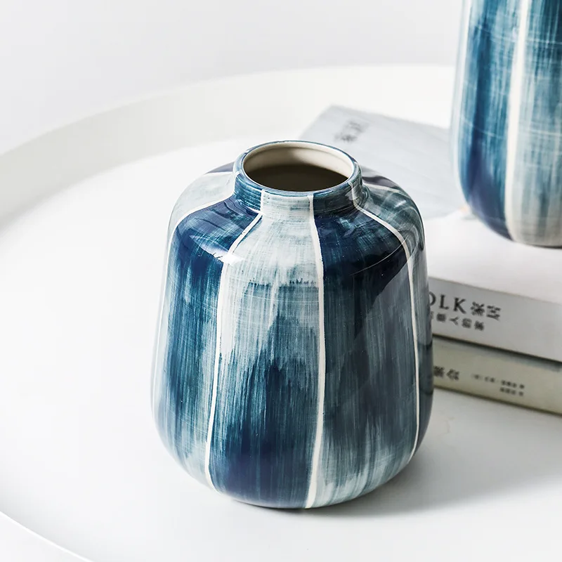 Керамическая ваза Индиго синего цвета 1 шт. простые линии цветочные вазы