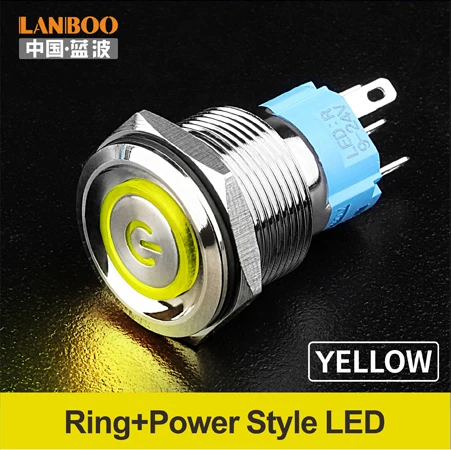 Yellow LED Power LANBOO 19 мм плоская головка мгновенный или самоблокирующийся металлический кнопочный переключатель с IP65 - Цвет: Yellow LED Power