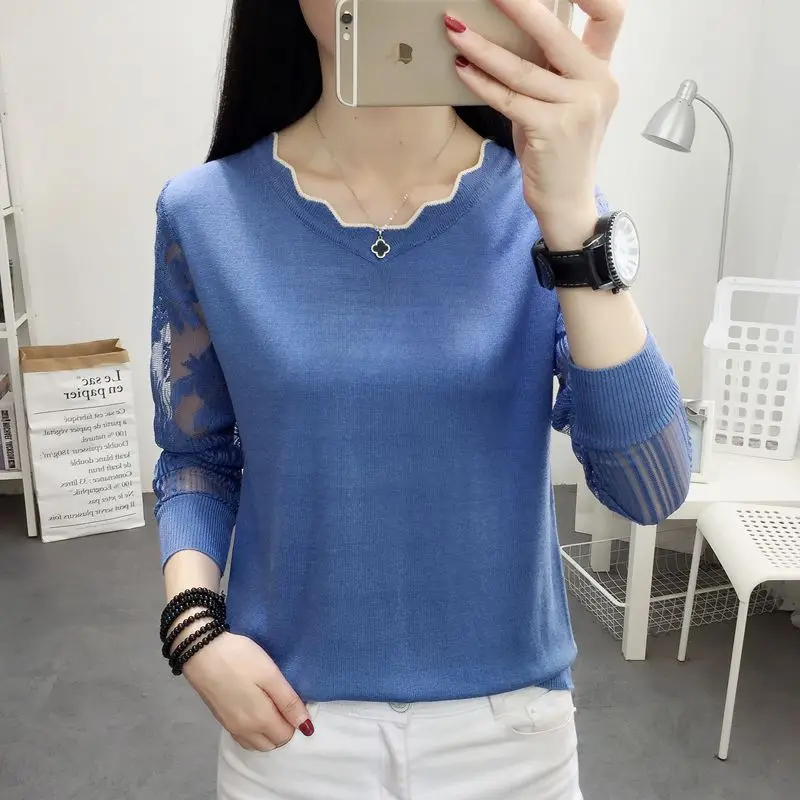 blue OHCLOTHING кружевной свитер женская нижняя блуза с длинным рукавом Свободная Весенняя НОВАЯ тонкая трикотажная блузка трендовая блузка - Цвет: blue