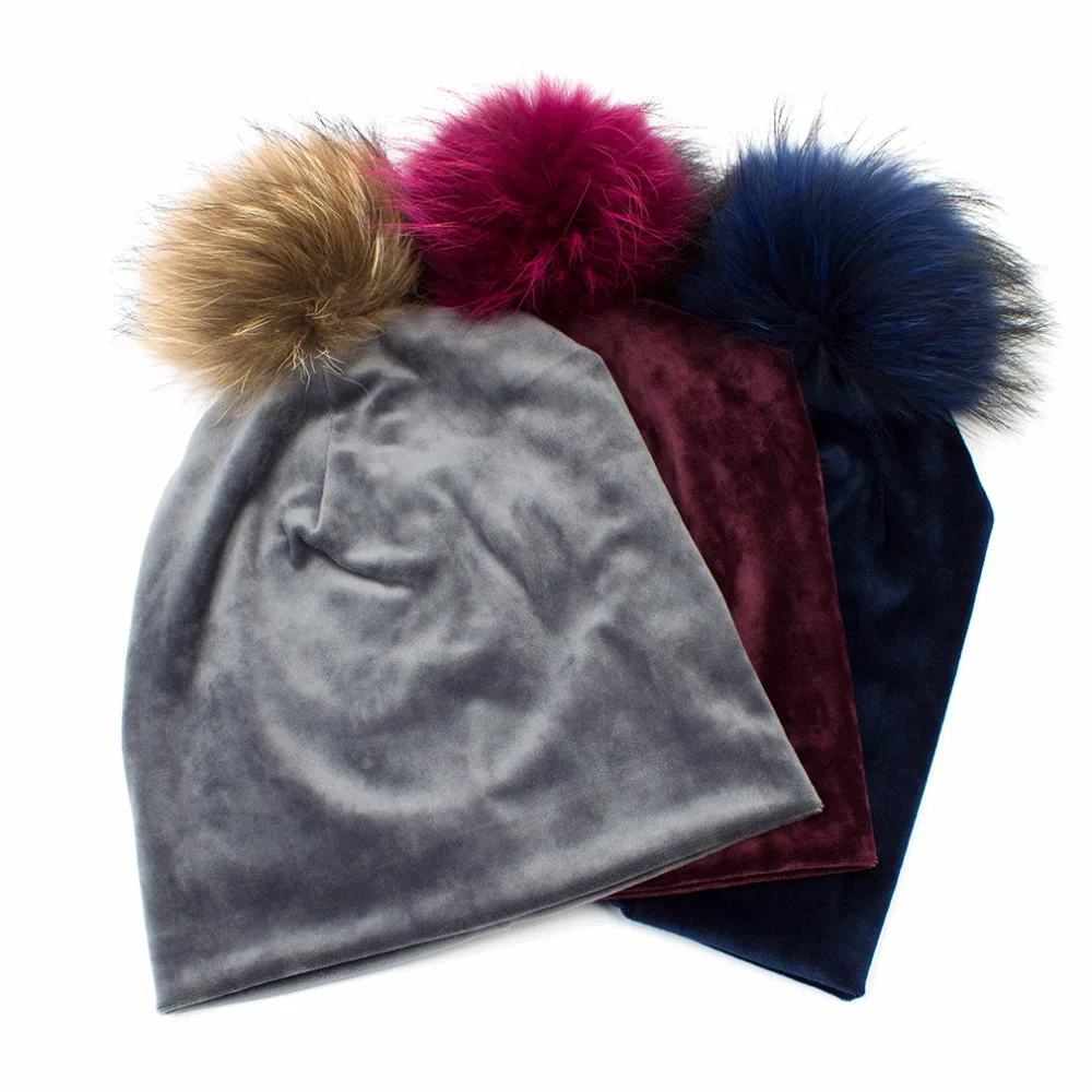 

Geebro Women's Pom Pom Hat Casual Velvet Polyester Beanies Hat With Colorful Raccoon Pom Pom Winter Warm Knitted Skullies Beanie