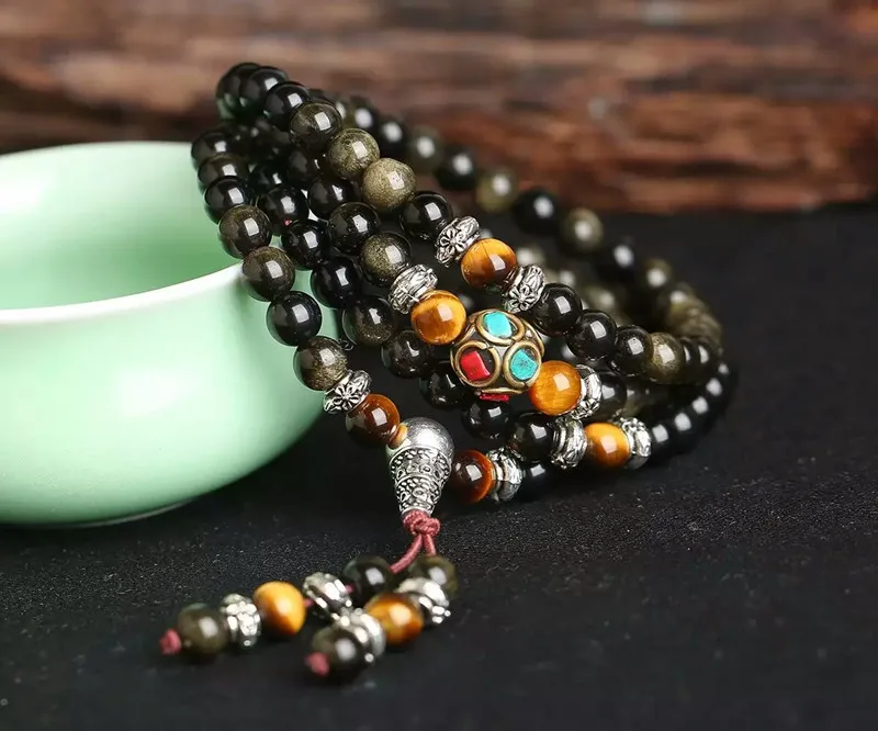 Натуральный 108 шт Радужный глаз золотой обсидиан браслет Тибетский Сивер