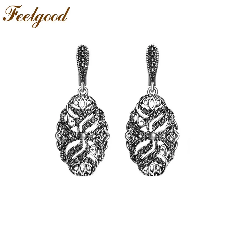 Женские винтажные серьги Feelgood Винтажные серебряного цвета с черными стразами