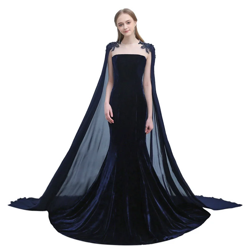 Navy Blue JaneVini Роскошные платья русалки для матери невесты из Саудовской Аравии с аппликацией из бисера темно-синие бархатные Длинные вечерние платья - Цвет: Navy Blue