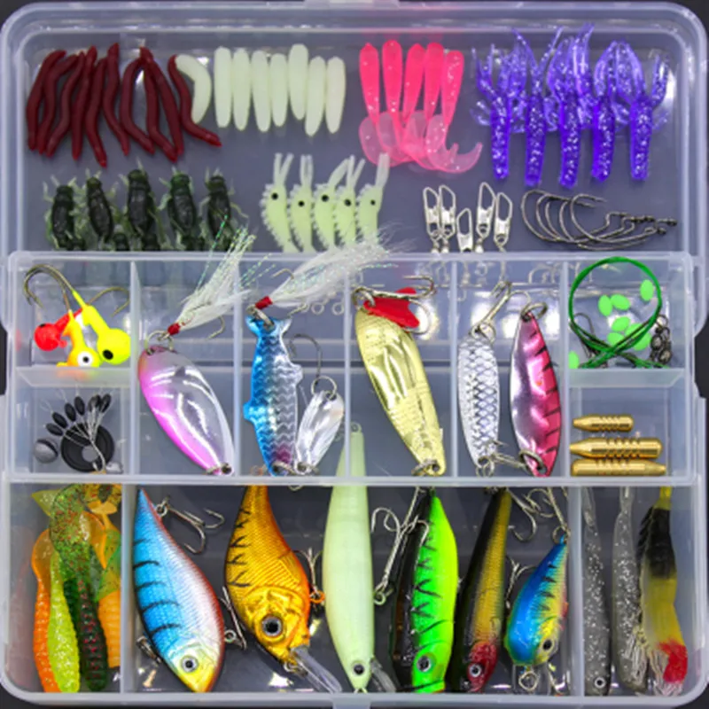 

Artificial Baits Fishing Set Soft Worm Lure +Hard Lure Set New Minnow Crank Popper Vib Lures 101 Pieces for Set