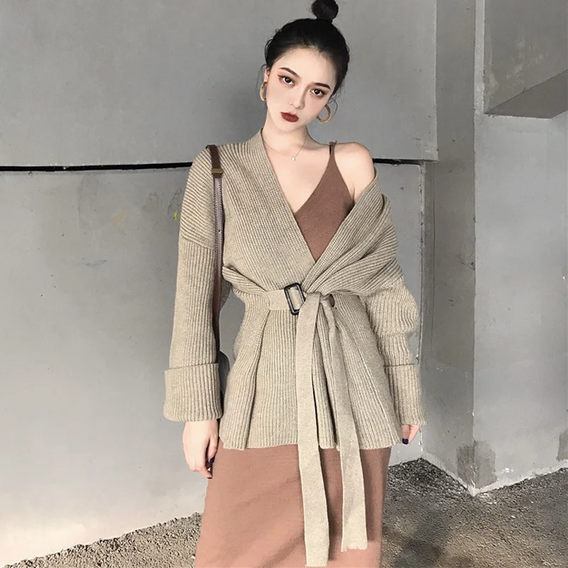 Sexy V-neck Full Sleeve Women Knitted Open Stitch Loose Sashes Sweater Cardigans Elegant Female Jumpers 2019 |