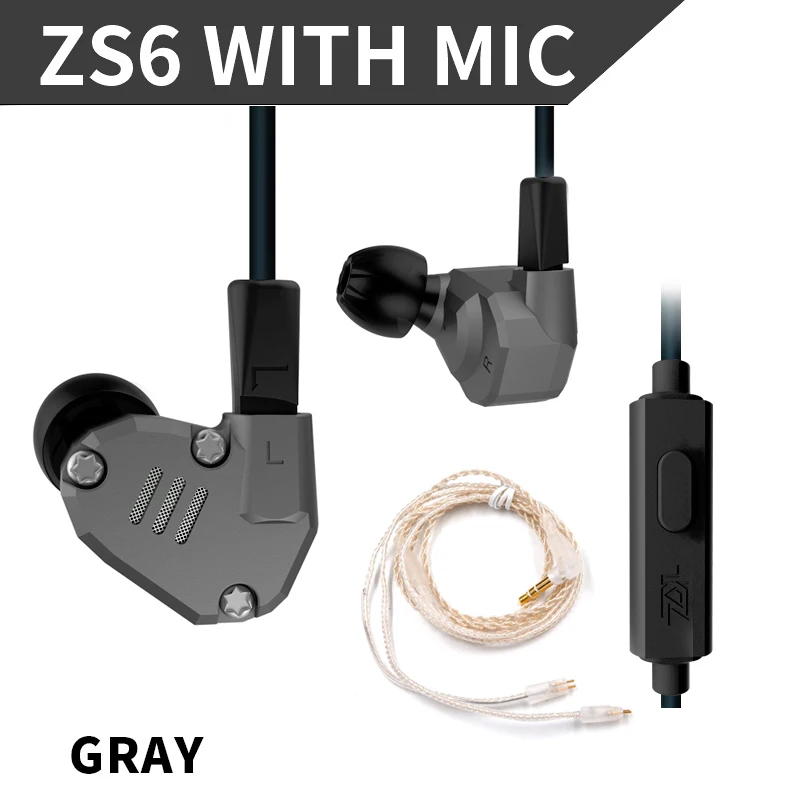 gray mic silver Новинка KZ ZS6 2DD+ 2BA гибридные наушники-вкладыши HIFI DJ Monito спортивные наушники для бега наушники-вкладыши Наушники KZ ZS6 ZS10 ZS5 AS10 ES4 - Цвет: gray mic silver