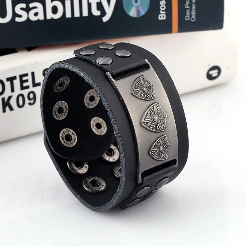 Fashion Vintage Punk Wide Genuine Leather Cuff Bracelet Alloy Shield Charm Buckle Bangle Wrap Women Wristbands Retro Men Jewelry | Украшения
