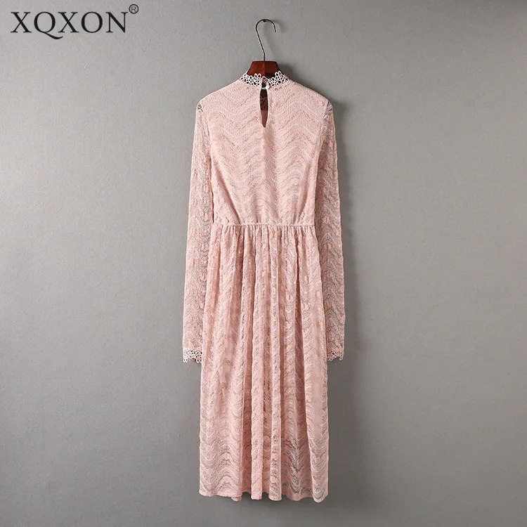 2019 весеннее элегантное женское белое кружевное длинное платье с высоким воротом