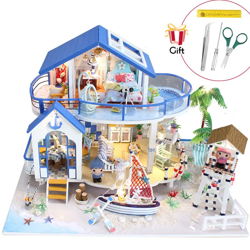 DIY светодиодный кукольный домик морем миниатюрная вилла с мебель деревянный дом