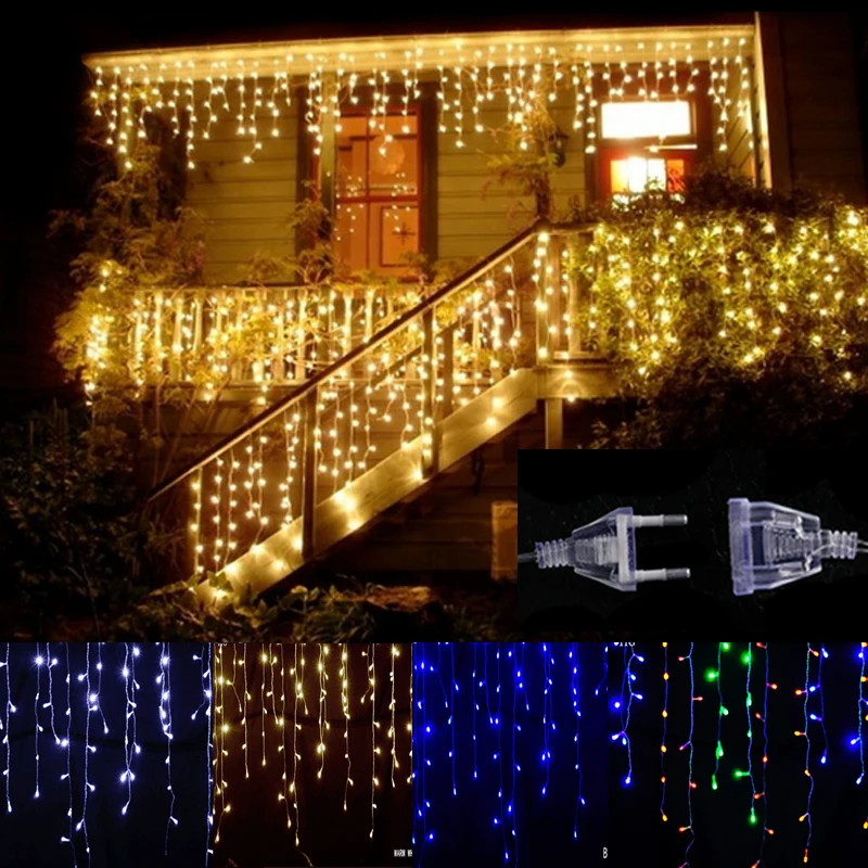 

Рождественская светодиодная гирлянда-занавес в виде сосулек, 220 В, 5 м, свисающая гирлянда 0,4, 0,5, 0,6 м для вечерние ринки, сада, сцены, уличное Н...
