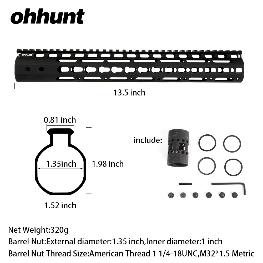 Ohhunt Охотничий Тактический AR-15 рельс NSR " 9" 1" 12" 13," 15" Rail KeyMod Handguard Пикатинни со стальной бочковой гайкой - Цвет: 13 5 Inch