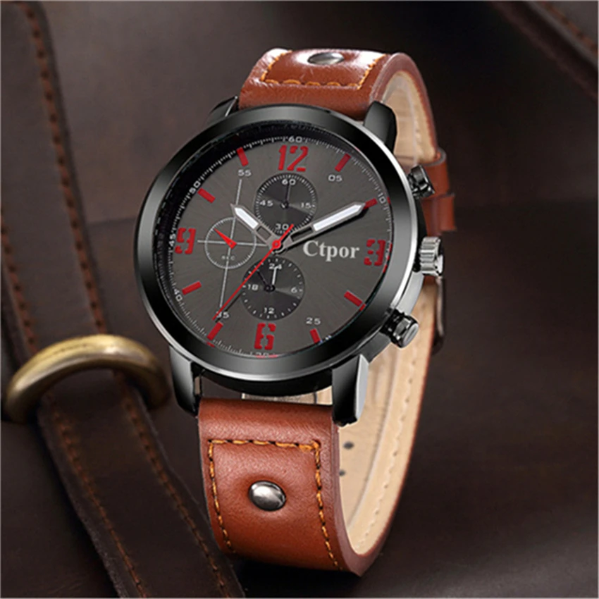 Сильные военные мужские часы спортивный стиль бренд CTPOR мужской кожаный черный