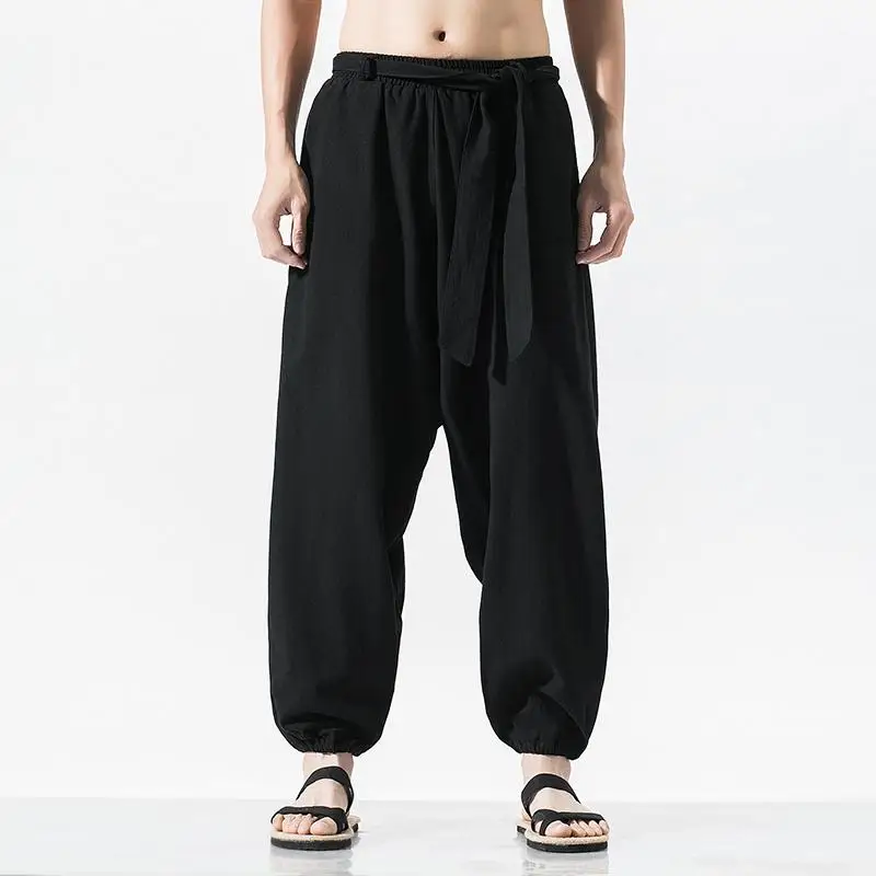 Black Linen Pants Конопли Тай Чи Брюки традиционная китайская одежда для мужчин Восточная одежда 5XL высокий размер японская мода мужские s мешковатые брюки - Цвет: Black Linen Pants